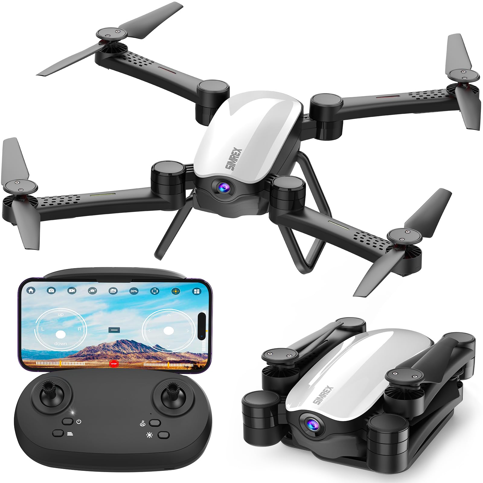 SIMREX X900 Drone Optical Flow Positioning RC Quadcopter with 1080P HD Camera Altitude Hold Headless Mode Foldable FPV Drones WiFi Live Video 3D Flips 6axis RTF Easy Fly Steady for Learning Matte White